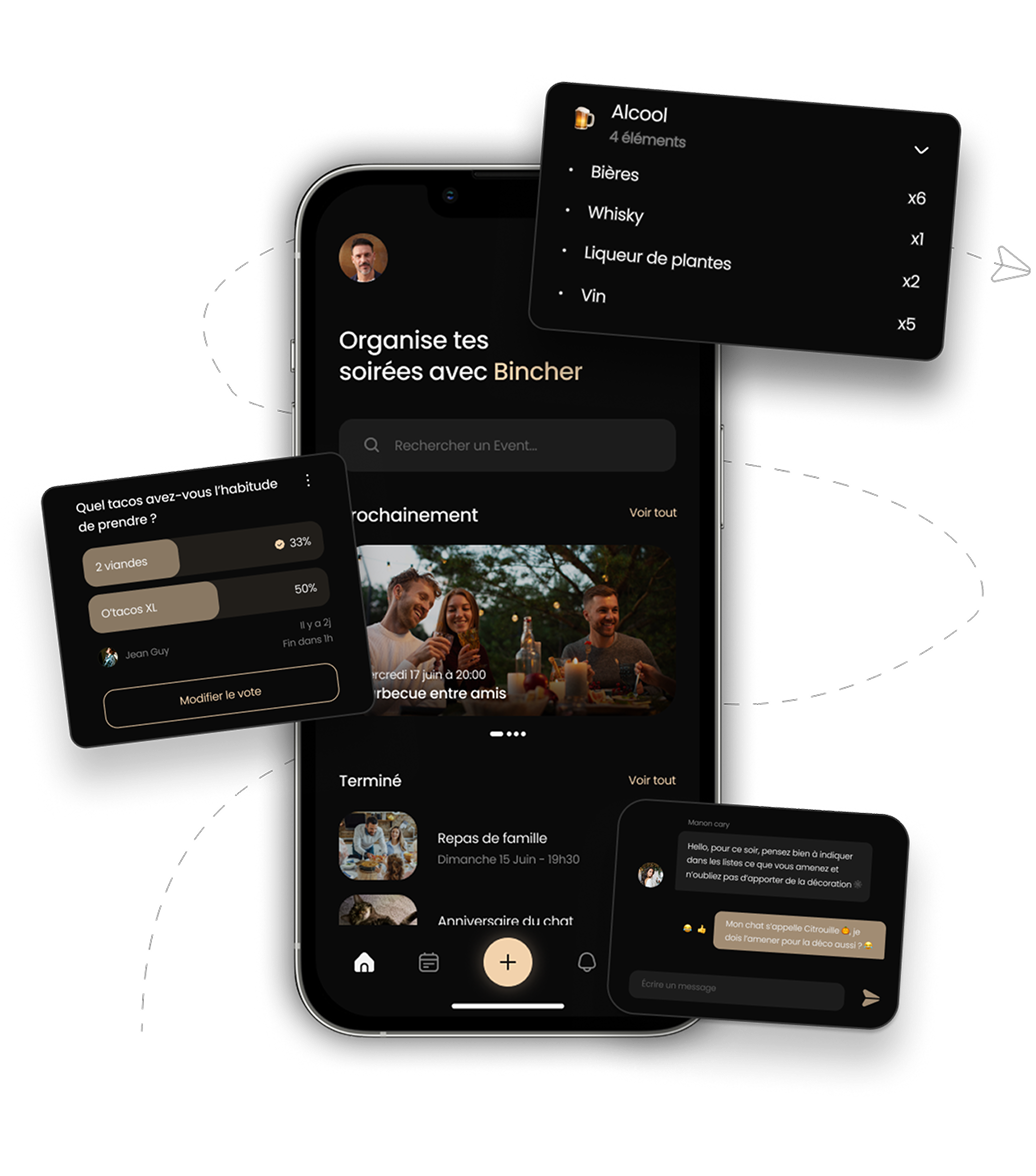 Application pour organiser une soirée – capture d’écran de Bincher montrant la création d’événements