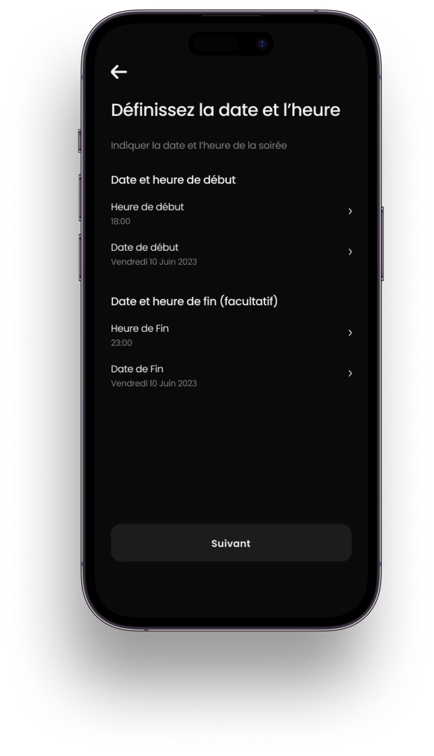 Fonctionnalités dates et heures de la soirée